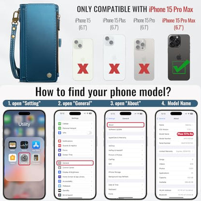 Defencase for iPhone 15 Pro Max Wallet Case with RFID Card Holder, DarkBlue | Durable Soft PU Leather, with Zipper Pocket, Wrist Strap, Fashion Snap Flip Phone Cases Cover with Stand for Women and Men - color: Lake Blue