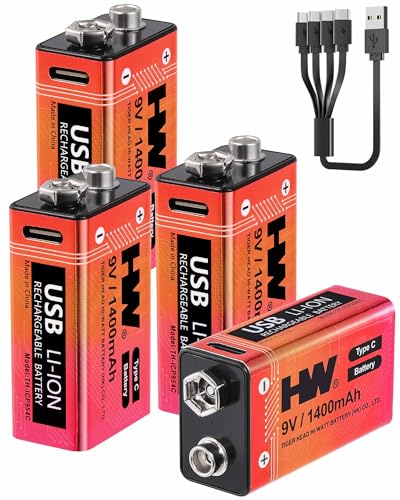 HW 9V Batteries 1400mAh 4 Pack, USB-C Lithium for Smoke Detectors - size: 4-Pack