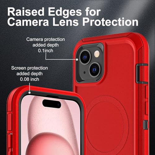 YKHJKLEC for iPhone 15 Case, Compatible with Magsafe, Military Grade 3 in 1 Heavy Duty Shockproof/Drop Proof/Dust Proof Case with 2Pcs Tempered Glass Screen Protector (New-Red/Black) - color: New-Red/Black