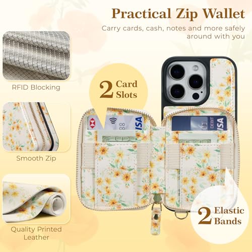 ZCDAYE Zipper Crossbody Wallet Case for iPhone 16 Pro, Sunflower | Flip Folio PU Leather, Practical Card Holder, Adjustable Lanyard Strap, RFID Blocking, Warm Sunflower Girly Phone Case - color: Sunflower, size: iPhone 16 Pro