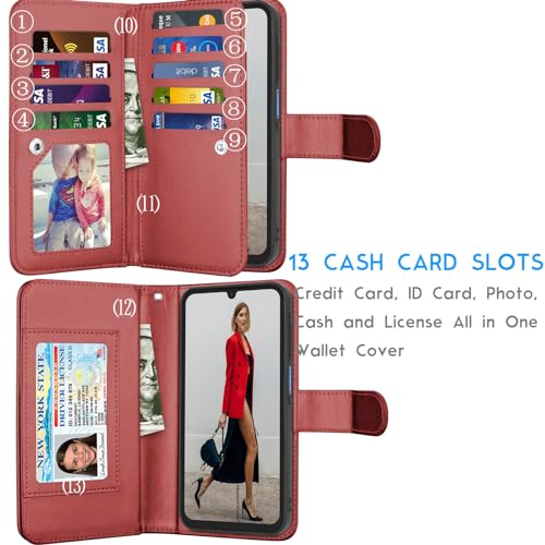Galaxy A15 5G Case, Galaxy A15 5G Wallet Case, Tekcoo Luxury PU Leather Cash Credit Card Slots Holder Carrying Folio Flip Cover [Detachable Magnetic Hard Case] Kickstand for Samsung A15 5G [Wine Red] - color: W-Wine Red