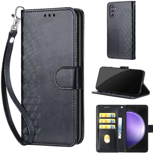 Wallet Case for Samsung Galaxy S23 FE, Black Cube | Women Flip Folio Cover, Embossed PU Leather, Stand, Credit Card Holders Slots, Wrist Strap - color: 1
