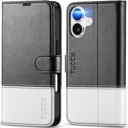 TUCCH Wallet Case for iPhone 17 (6.3") 2025, 4 Card Holders, Black & White | RFID Blocking, Viewing Stand, Shockproof TPU Shell, PU Leather, Magnetic Closure, Protective Folio Flip Cover - color: Two-tone Black & White