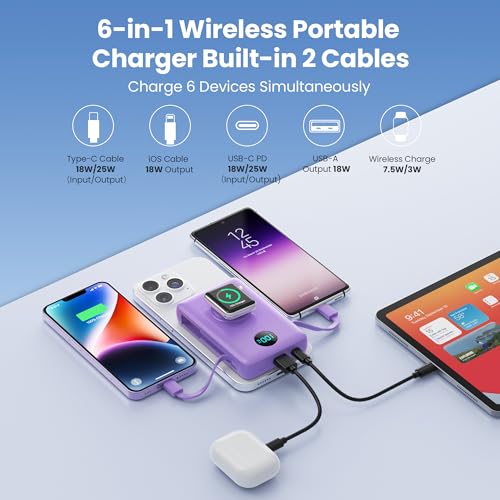 Ekrist Magnetic Portable Charger 10800mAh for MagSafe with Built-in Cable,iWatch Charger,Wireless Power Bank Travel Essentials,25W Fast Charging Battery Pack for iPhone 17/16/15/14,Apple Watch(Purple) - color: Purple
