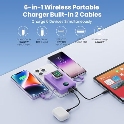 Ekrist Magnetic Portable Charger 10800mAh for MagSafe with Built-in Cable,iWatch Charger,Wireless Power Bank Travel Essentials,25W Fast Charging Battery Pack for iPhone 17/16/15/14,Apple Watch(Purple) - color: Purple