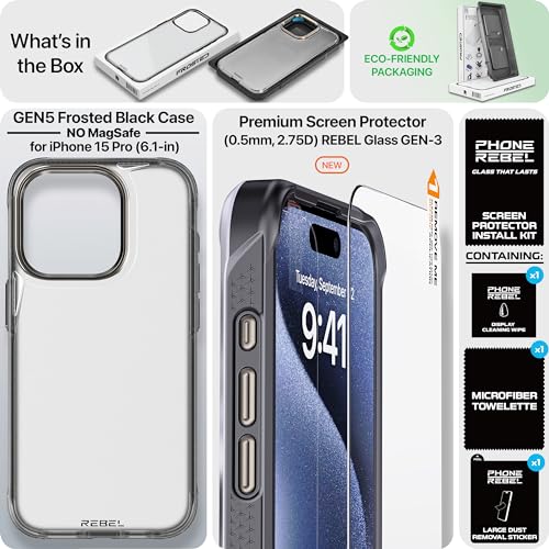 REBEL Clear Case for iPhone 15 Pro [Frosted Series Gen-5] Translucent Matte Texture, Grippy Sides, Non-Yellowing, Protective Shockproof Bumpers, Metal Lens & Buttons, 6.1 Inch Phone 2023 - color: Frosted Black, No MagSafe, size: iPhone 15 Pro
