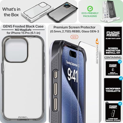 REBEL Clear Case for iPhone 15 Pro [Frosted Series Gen-5] Translucent Matte Texture, Grippy Sides, Non-Yellowing, Protective Shockproof Bumpers, Metal Lens & Buttons, 6.1 Inch Phone 2023 - color: Frosted Black, No MagSafe, size: iPhone 15 Pro