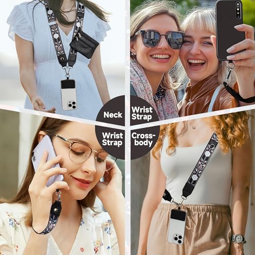 FUVLIFE Cell Phone Lanyard Crossbody, Clip and Go Phone Strap with Wallet | Phone Strap with Zippered Pouch for Travel Cruise, Adjustable 43”–62”, Datechable Phone Wrist Strap, Women Men Teacher Gift - color: Flower
