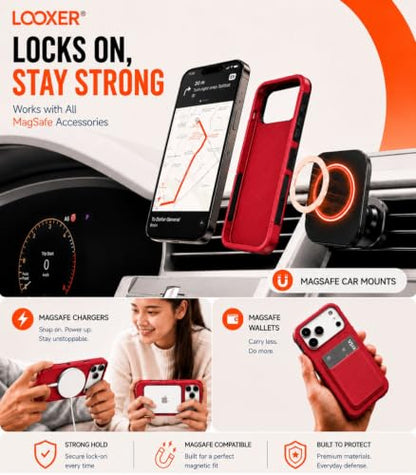 LOOXER® Heavy Duty Rugged Magnetic Case for iPhone 17 Pro (6.3”) | Military Grade Shockproof Protection,MagSafe Compatible+ Tempered Glass Included (Red, 17 Pro) - color: Red, size: 17 Pro