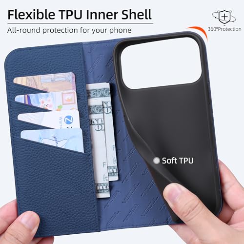 VISOUL Pebbled Leather Wallet Case for iPhone 17 Pro Max 6.9" 2025, Genuine Leather Flip Folio Cover with RFID Blocking Card Holders, Kickstand, Soft TPU Protective Flip Cover -Black+Blue - color: Black+Blue