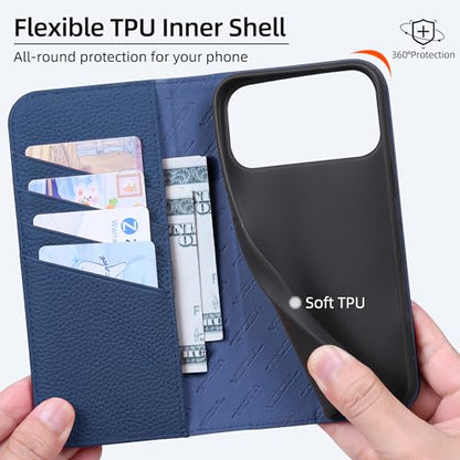 VISOUL Pebbled Leather Wallet Case for iPhone 17 Pro Max 6.9" 2025, Genuine Leather Flip Folio Cover with RFID Blocking Card Holders, Kickstand, Soft TPU Protective Flip Cover -Black+Blue - color: Black+Blue