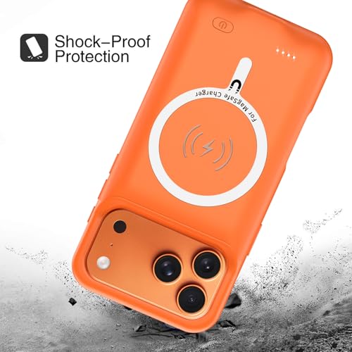 Battery Case for iPhone 17 Pro, 10000mAh Pack Rechargeable Charger Case Support Carplay with Wireless Charging Compatible for iPhone 17 Pro (6.3 inch) External Battery Charging Cover (Orange) - size: iPhone 17 Pro-Orange