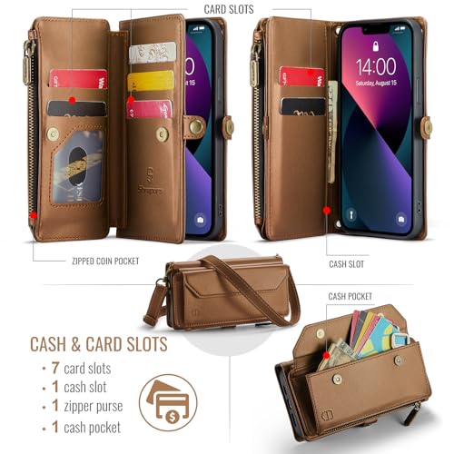 Strapurs Wallet Case Compatible with iPhone 13 RFID Blocking 7-Card Holder Soft PU Leather Magnetic Snap Shoulder Strap Zipper Pocket Phone Case Fit for iPhone 13 for Women 6.1" - Brown | RFID Blocking 7-Card Holder, Shoulder Lanyard, Wirst Strap, Zipper