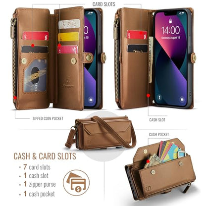 Strapurs Wallet Case Compatible with iPhone 13 RFID Blocking 7-Card Holder Soft PU Leather Magnetic Snap Shoulder Strap Zipper Pocket Phone Case Fit for iPhone 13 for Women 6.1" - Brown | RFID Blocking 7-Card Holder, Shoulder Lanyard, Wirst Strap, Zipper