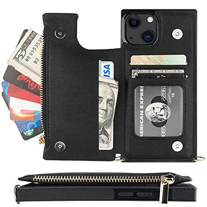 Bocasal Crossbody Wallet Case with Strap for iPhone 13/14, Black | RFID Blocking Card Slot Holder, Magnetic Flip Folio Purse Case, PU Leather Zipper Handbag Detachable Lanyard Strap 6.1 Inch - color: Black