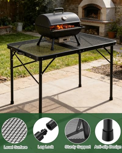 3 Ft Folding Camping Table, Adjustable Height 16.5-26 in, Metal Grill Table - color: Black, size: 3FT-Mid