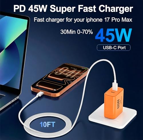 iPhone 17 Charger, 45W Dual Port USB C Charger Block, Orange - color: Orange