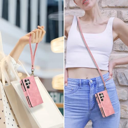 for Samsung Galaxy S24-Ultra-Wallet Case: with RFID Blocking Card Slots (6 Cards) | Soft PU Leather Magnetic Snap Zipper Pocket | Crossbody Wrist Strap Protective Phone Cover - Pink - color: Pink, size: Galaxy S24 Ultra（6.8‘’）