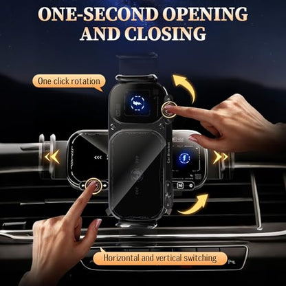 Wireless Charging Rotating Car Mount, 15W Fast Charger with Auto Clamping, One-Click 90° Rotation, 360° Rotation, Anti-Shake Technology, Foldable Phone Fit