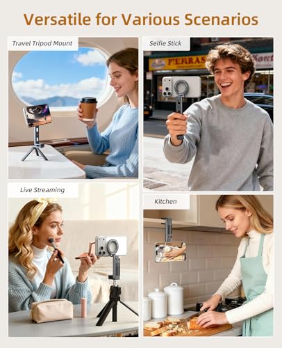Magnetic Phone Tripod,360°Rotating Adjustable Travel Tripod Mount,Foldable Cell Phone Stand with Clip&1/4" Screw for iPhone 17/16/15/14/13/12 Pro Max&Magsafe Tripod,Fits Gym,Vlog,Travel,Kitchen