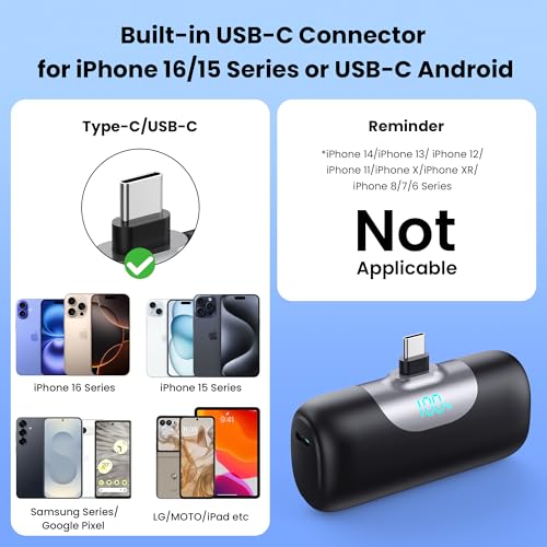 Mini Portable Charger for iPhone 17/16/15 Series,Upgraded 5500mAh PD Fast Charging USB-C Power Bank,Travel Pocket Size Portable Phone Charger for iPhone17/17Pro/17Pro Max/Air/16/15,Samsung,Android etc