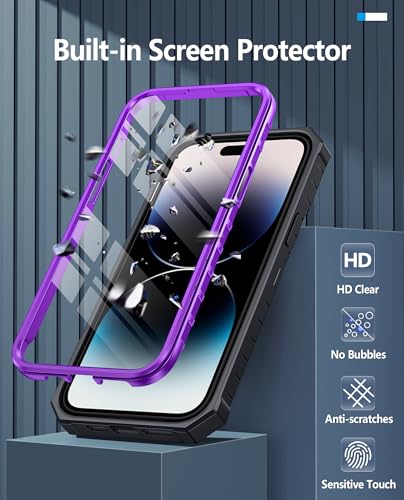 FNTCASE for iPhone 14 Pro Max Case, Built-in Screen Protector, Kickstand | 20FT Military-Grade Drop Protection, Anti-Slip Matte Textured, Rugged Heavy Duty Shockproof TPU Protective Cover - color: Kickstand Purple