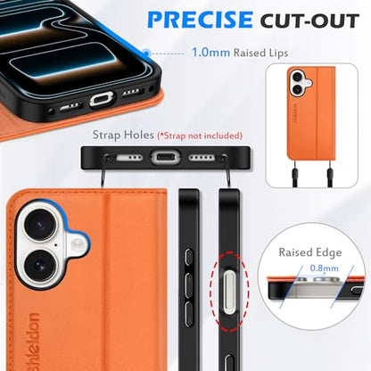 SHIELDON Genuine Leather Flip Wallet Case for iPhone 17 6.3" 2025, Orange | Magnetic Closure, RFID Blocking, Credit Card Holder, Viewing Stand, Foldable Design, Shockproof Protective Cover - color: Orange