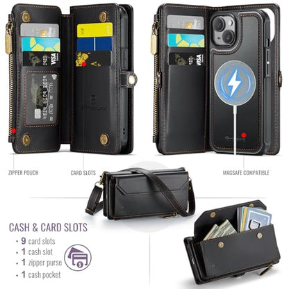 Strapurs for iPhone 15 Plus Magnetic Detachable Wallet Case, Black - color: (Detachable with Magsafe)-Black, size: iPhone 15 Plus - 6.7"