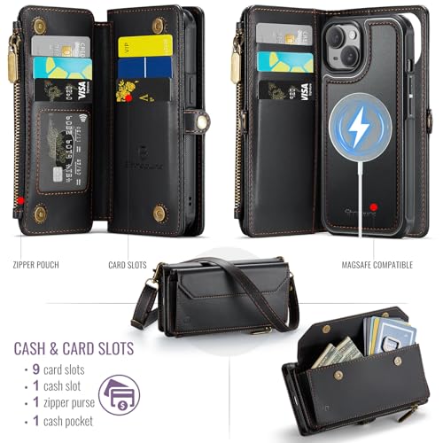Strapurs for iPhone 15 Magnetic Detachable Wallet Phone Case, Black - color: (Detachable with Magsafe)-Black, size: iPhone 15 - 6.1"