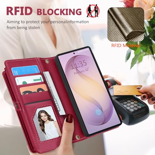 for Samsumg Galaxy S25 Ultra Wallet Case, Detachable Magnetic Shockproof Phone Case,Faux Leather Crossbody Wallet,with RFID Blocking，Zipper Card Holder，Shoulder Strap (Red) - color: Red, size: Samsumg Galaxy S25 Ultra