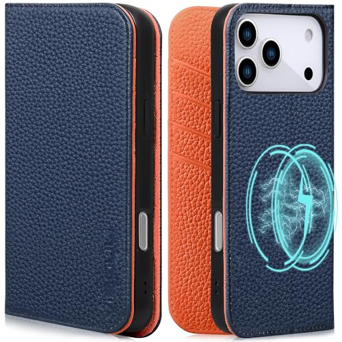 VISOUL Genuine Leather Wallet Case for iPhone 17 Pro Max 6.9" 2025, Pebbled Leather Flip Cover | RFID Blocking 4 Card Holders | Kickstand | Soft Inner Phone Shell | Blue+Orange - color: Blue+Orange