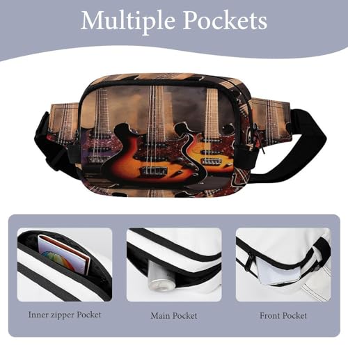 Cool Electric Guitar Fanny Packs for Women Men Double Layer Fashion Waist Pack Adjustable Belt Bag with Pockets Small Crossbody Bags for Running Hiking Workout Travel Daily Use