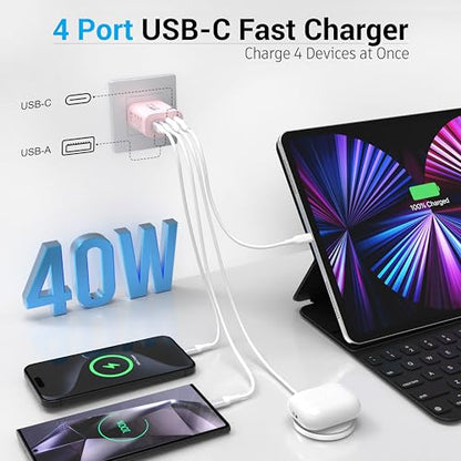 TT&C USB C Charger Block, 40W 4 Ports Wall Charger for iPhone 17,16,15,14 - color: Pink 1Pack