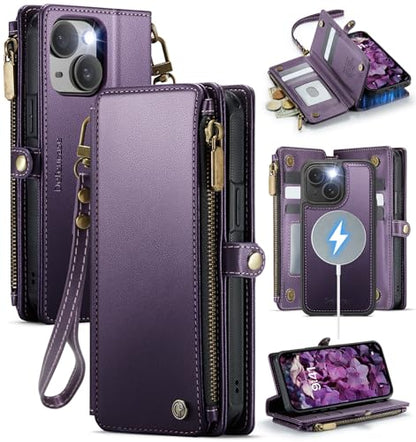 Defencase for iPhone 14 Plus Case Wallet Compatible with Magsafe, Purple | Drop-Proof Magnetic Detachable Phone Cases Cover, with RFID Bolcking Card Holder, Zipper Strap, PU Leather, Removable Wallet - color: (Detachable with Magsafe)-Purple