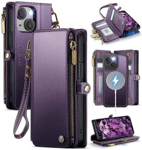 Defencase for iPhone 14 Phone Case Wallet Compatible with Magsafe, Purple | Magnetic Detachable, Drop-Proof Protective Wallet Cases Cover, with RFID Bolcking Card Holder, Zipper Strap, Soft PU Leather - color: (Detachable with Magsafe)-Purple