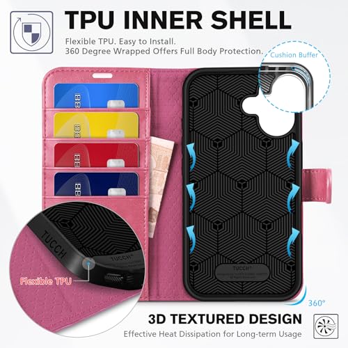 TUCCH Wallet Case for iPhone 16 (6.1") 2024, 4 Card Holders, Hot Pink | RFID Blocking, Viewing Stand, Shockproof TPU Shell, PU Leather, Magnetic Closure, Protective Folio Flip Cover - color: Hot Pink