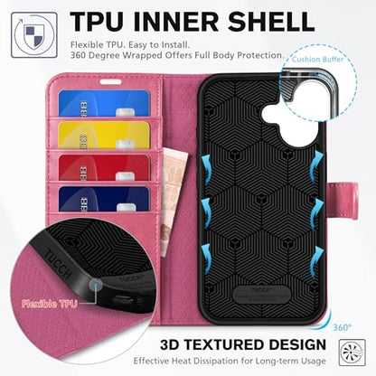 TUCCH Wallet Case for iPhone 16 (6.1") 2024, 4 Card Holders, Hot Pink | RFID Blocking, Viewing Stand, Shockproof TPU Shell, PU Leather, Magnetic Closure, Protective Folio Flip Cover - color: Hot Pink