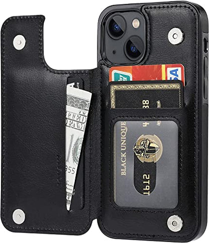 Wallet Case Compated with iPhone 15, Slim Protective case with Card Holder,Premium PU Leather Kickstand Card Slots Case with 1 Screen Protector for iPhone 15(6.1")-Black - color: Black
