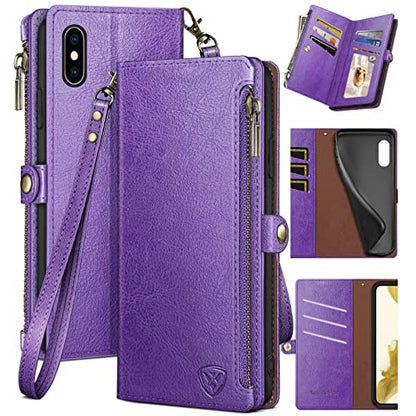 XcaseBar for iPhone Xs Max 6.5" Wallet case with Zipper Credit Card Holder【RFID Blocking】, Flip Folio Book PU Leather Phone case Shockproof Cover Women Men for Apple XS Max 6.5" case Purple - color: Purple