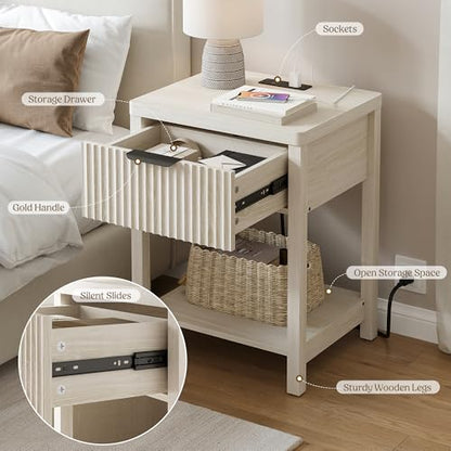 Night Stand Set 2, Fluted Wood Nightstands w/Charging Station for Bedroom - color: Grey White, size: 1 Drawer-Set of 2 Nightstand