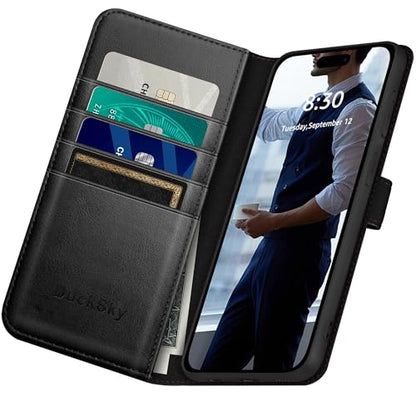 DuckSky Compatible with iPhone 17 Pro Max 6.9" Genuine Leather Wallet case【RFID Blocking】【4 Credit Card Holder】【Real Leather】 Flip Phone case Cover Women Men for Apple 17 Pro Max case Black - color: Black