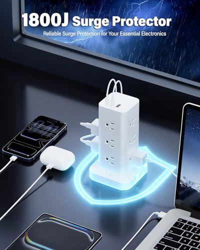 12AC 3USB Power Strip Tower Surge Protector 1800J, 9.8ft, White, 1 - color: White, size: 9.8ft