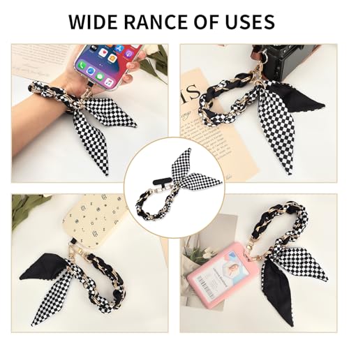 Phone Wrist Strap with Gold Metal Scarf and Universal Tether Tab, Aesthetic Print Design Ribbon Chain, Multi-Purpose Accessories for Bag Key Cellphone for Men Women Girls-Black Checkerboard - color: Black Checkerboard