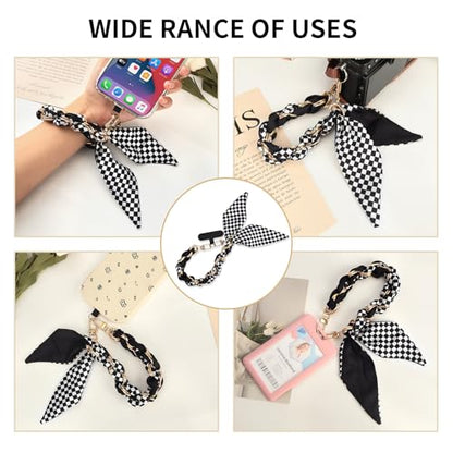 Phone Wrist Strap with Gold Metal Scarf and Universal Tether Tab, Aesthetic Print Design Ribbon Chain, Multi-Purpose Accessories for Bag Key Cellphone for Men Women Girls-Black Checkerboard - color: Black Checkerboard