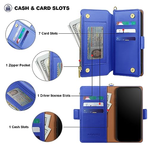 Antsturdy for iPhone 17 Pro Phone Wallet Case Women,Purple Blue | RFID Blocking,with Credit Card Holder Slots,PU Leather Purse,Zipper Pocket,Wrist Strap Kickstand,Flip Folio Cover for Men - color: Purple Blue