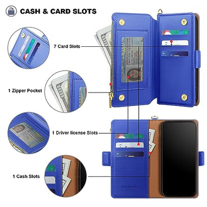 Antsturdy for iPhone 17 Pro Phone Wallet Case Women,Purple Blue | RFID Blocking,with Credit Card Holder Slots,PU Leather Purse,Zipper Pocket,Wrist Strap Kickstand,Flip Folio Cover for Men - color: Purple Blue