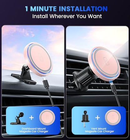 Magnetic Car Charger Mount 15W for iPhone 18-12 Pro Max - color: Pink