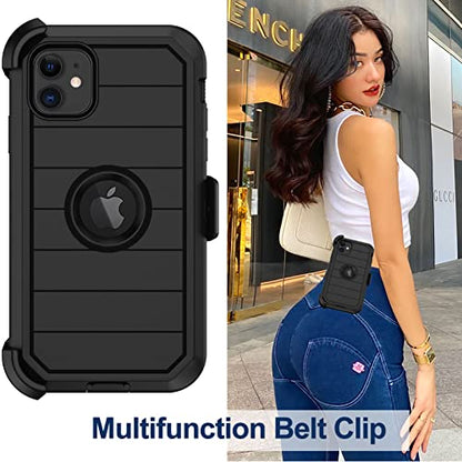 for iPhone 11 Case with Belt Clip Holster, 2 x Screen Protector, [Military Grade] Heavy Duty Full Body Shockproof Dust-Proof Drop Proof Rugged Protective Cover for Apple iPhone 11 (Black B) - color: Black B