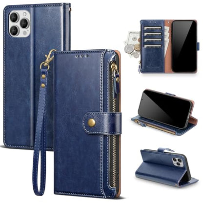 Compatible with iPhone 13 Pro Wallet Case with Card Holder RFID Blocking Zipper Poket PU Leather Flip Phone Case with Wrist Strap Credit Card Slots Men Women,for Apple 13 Pro 6.1",Blue - color: Blue, size: iPhone 13 Pro - 6.1