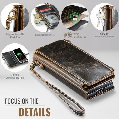 Defencase for Samsung Galaxy Z Fold 6 Wallet Case with Card Holder, Coffee | Durable Soft PU Leather, RFID Blcking Zipper Pocket, with S-Pen Holder & Strap, Flip Phone Cases with Stand for Women Men - color: Coffee